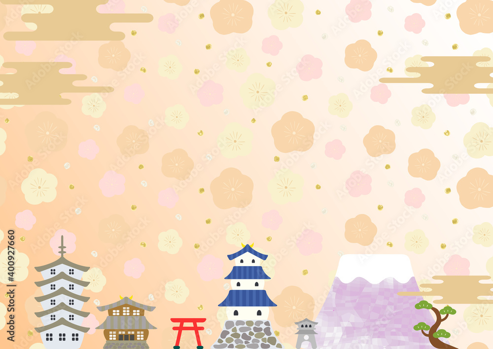 花柄に富士山と日本の古い建物　新年やお祝いの風景