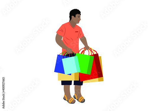A man with colorful shopping bags on white isolated background