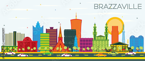 Brazzaville Republic of Congo City Skyline with Color Buildings and Blue Sky.