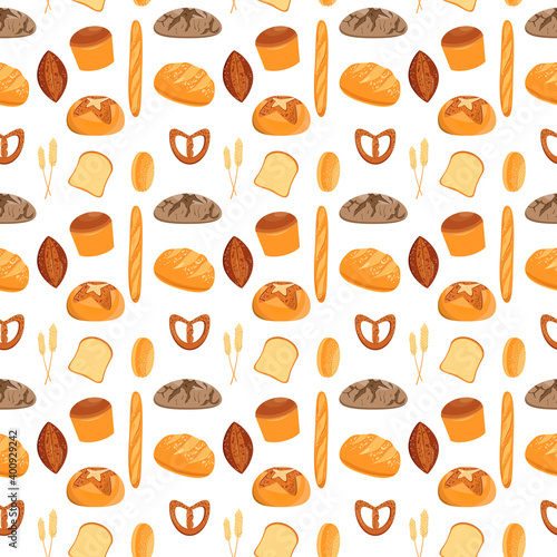 Seamless pattern with different bread and wheat spikelets on white background
