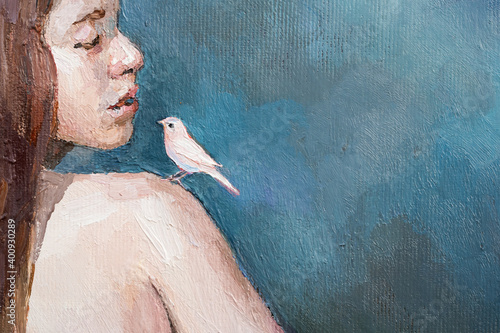 A small beautiful bird  is sitting on the shoulder of a young girl. Created in detailed and with brush strokes. Oil painting on canvas.
