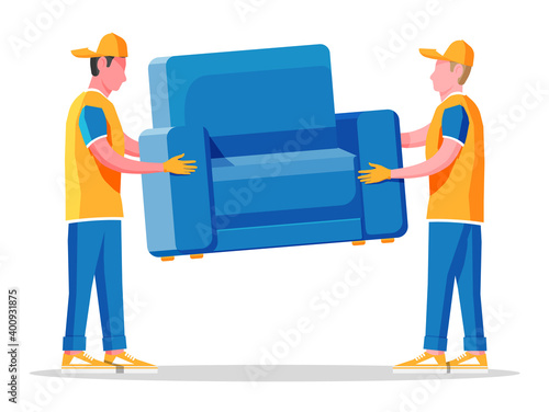 Delivery character man movers carry armchair. Two porters carry couch isolated. Moving company with loaders and furniture. Delivery and relocation service concept. Cartoon flat vector illustration