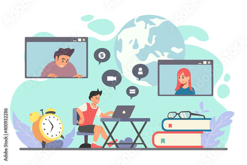 Online meeting using video confrence during pandemic tiny people concept. Online contact meeting with friends or business partners using modern video chat service application platform