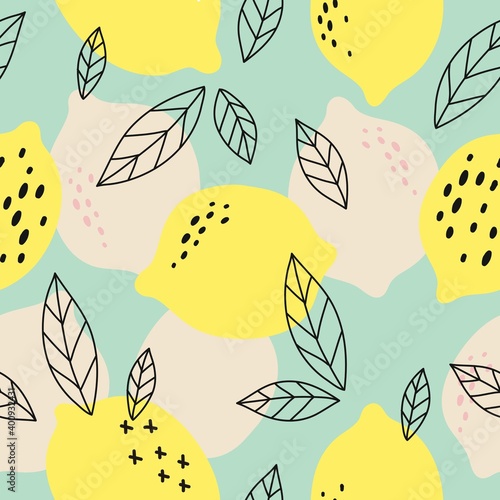Hand drawl summer print with Lemon. Vector Lemon print for fabric or wallpaper. Seamless pattern with yellow lemon