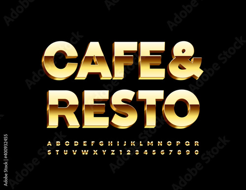 Vector premium sign Cafe and Resto. Gold luxury Font. 3D shiny Alphabet Letters and Numbers set