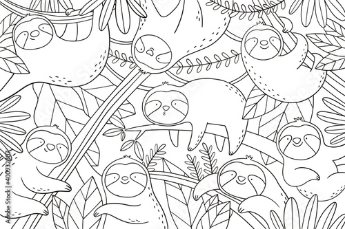 Cute cartoon character sloth/ Vector print with cute sloth bear in tropical leaves