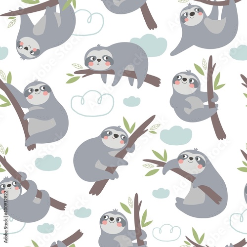 Cute cartoon character sloth/ Vector print with cute sloth bear in tropical leaves