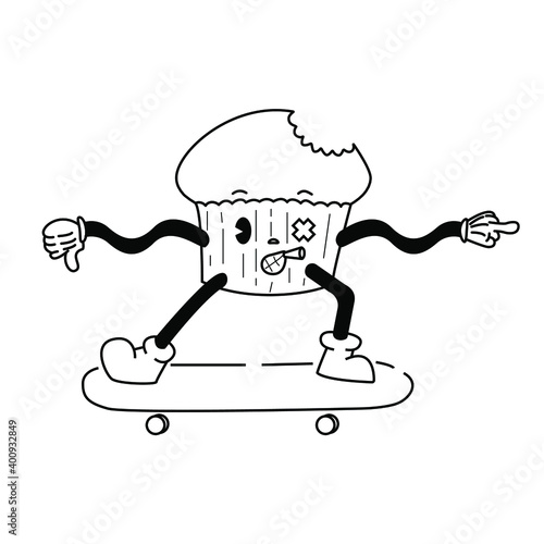 black and white vintage cupcake on a skateboard.