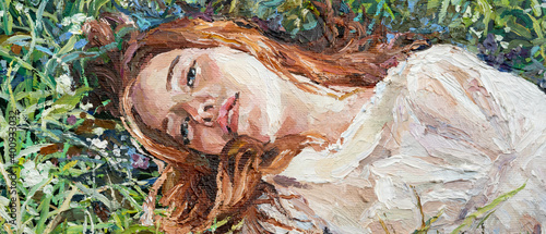 Fototapeta Naklejka Na Ścianę i Meble -  .A red-haired beauty, a young girl lies and dreams on the field among various summer grasses and wildflowers. Oil painting on canvas.