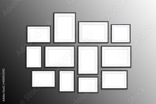 Black frames collection, twelve blank frameworks set on dark textured wall, interior decor mock up