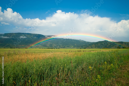 Rainbow against the background of distant mountains. The field is sown with oats.