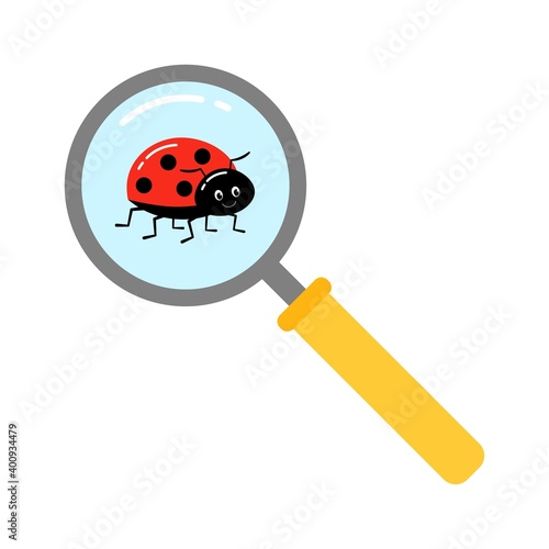 Magnifying glass with lady bugs over white background