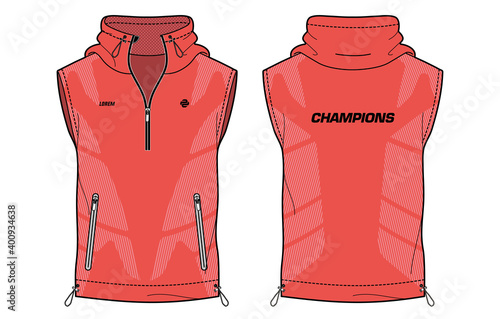 Sleeveless Hoodie Tank Top jacket, Sweatshirt vest design t-shirt template, sports jersey concept with front and back view for Men and women. Basketball, football, Rugby, training wear.
