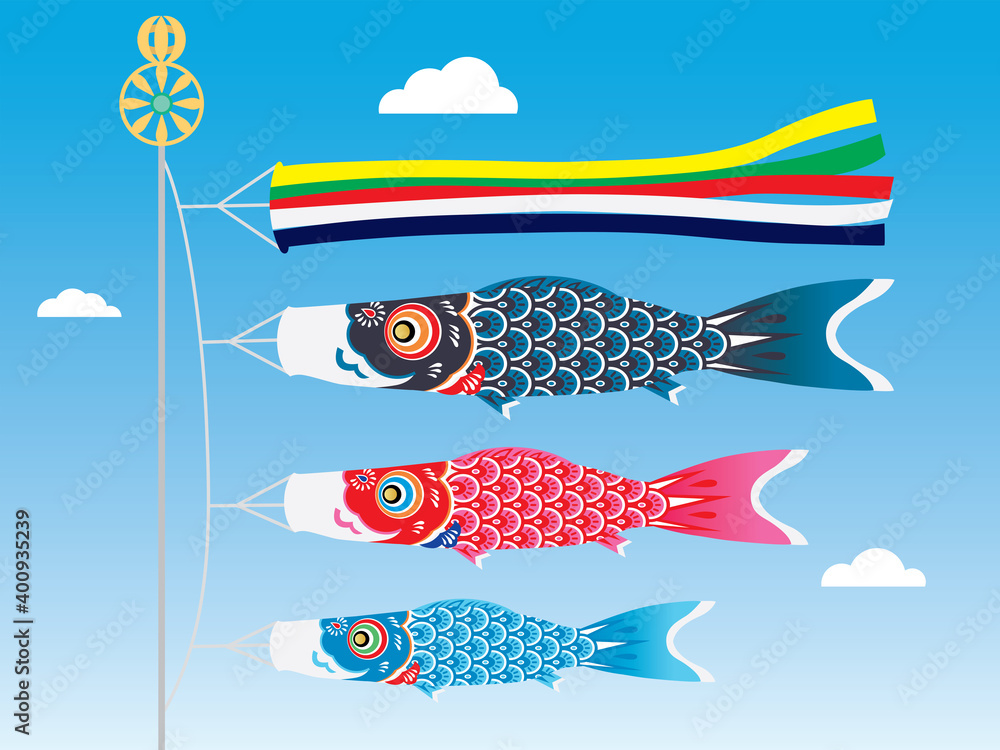 青空を泳ぐ3匹の鯉のぼりの家族のイラスト Stock Vector | Adobe Stock