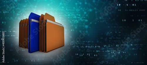 3d illustration of folders. Open folder with papers in abstract binary and network background