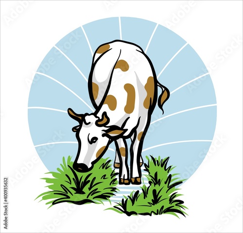 A white cow stands and eats grass. Composition in a circle. The logo is colored. Illustration in vector.