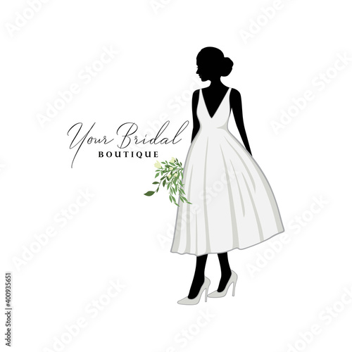 Beautiful Bride Short Gown with Bouquet Flower  Bridal Boutique Logo  Bridesmaid Gown Logo Vector Design Template
