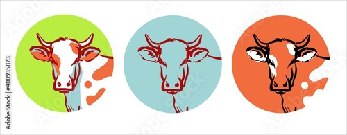 A set of logo emblems. The head of a cow or bull in a circle. Green, blue, orange color of icons.