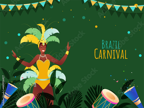 Brazil Carnival Concept With Samba Dancer Character, Drum Instruments, Leafes And Party Popper On Green Background.