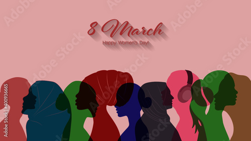 International Women's Day poster. Vector illustration with women different nationalities, cultures and age.Good for greeting card, social media banner, background, splash screen, cover