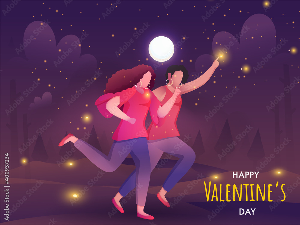 Faceless Young Lesbian Female Couple Running On Full Moon Landscape Background For Happy Valentine's Day Concept.