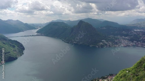 High definition drone video flying over Lake Lugano, Switzerland in late Springtime.
