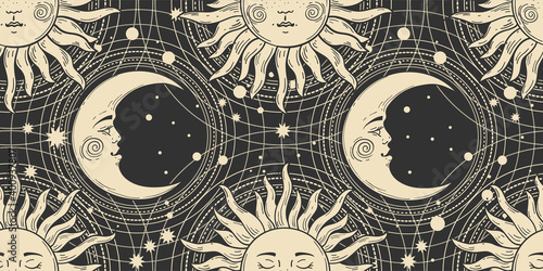 Seamless pattern with a golden sun with a face and a crescent on a black background, galaxy, moon, stars. Mystical ornament in the old vintage style. Vector illustration