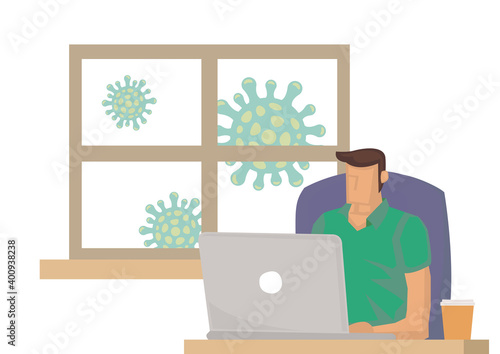 Employee working with computer and quarantine in house with virus floating outside the window.