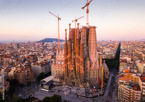 Aerial view of Sagrada Familia, iconic landmark in Barcelona, Spain, at sunrise