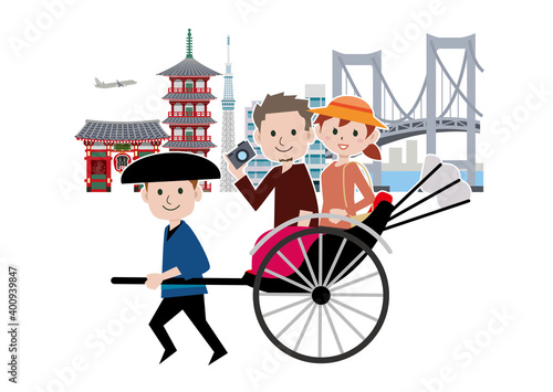 人力車　浅草　観光　カップル