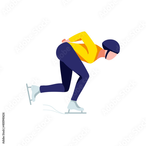 Short track speed skater. Short Track Speed Skater, Athlete Character in Sports Uniform Running on Ice Rink Winter sports activities cartoon vector illustration isolated on white background