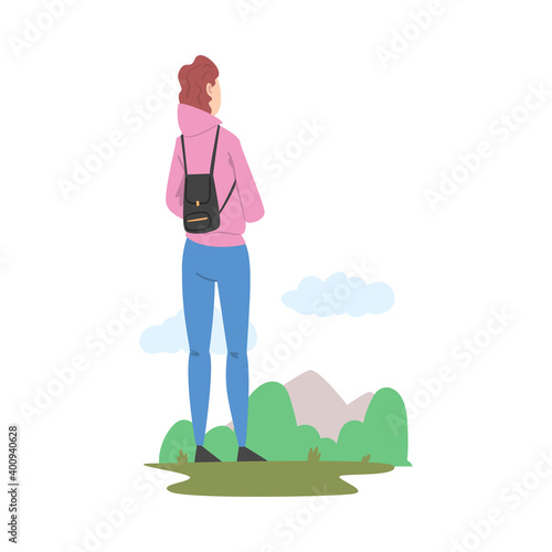 Woman Character Standing and Looking Ahead as into Bright Future Vector Illustration