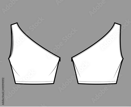 One-shoulder crop top tank technical fashion illustration with fitted slim body, waist length. Flat outwear shirt apparel template front, back, white color. Women, men unisex CAD mockup