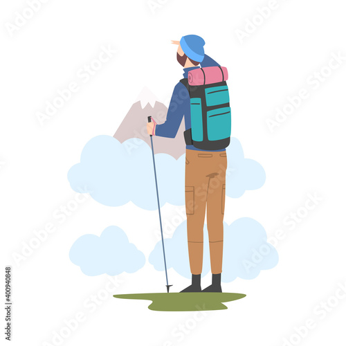 Man Character with Backpack Standing and Looking Ahead as into Bright Future Vector Illustration