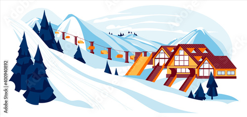 Ski resort concept. Beautiful winter mountain landscape with cableway and village chalets. Winter holiday vacation, skiing and outdoor activities cartoon vector illustration