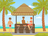 Woman in Beachwear and Man Drinking Cocktails at Tropical Bar Vector Illustration