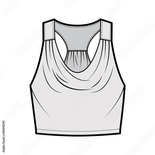 Tank racerback cowl crop top technical fashion illustration with ruching, oversized, waist length. Flat apparel outwear shirt template front, grey color. Women, men unisex CAD mockup