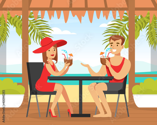 Man and Woman Characters in Beachwear Drinking Coconut Cocktails at Tropical Bar Vector Illustration