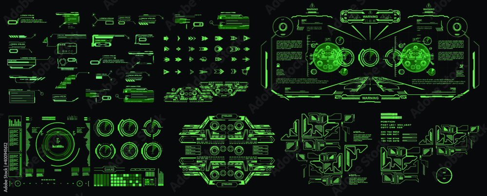 HUD set cyber elements pack. Futuristic virtual graphic touch user interface. Dashboard display virtual reality technology screen. Vector elements pack