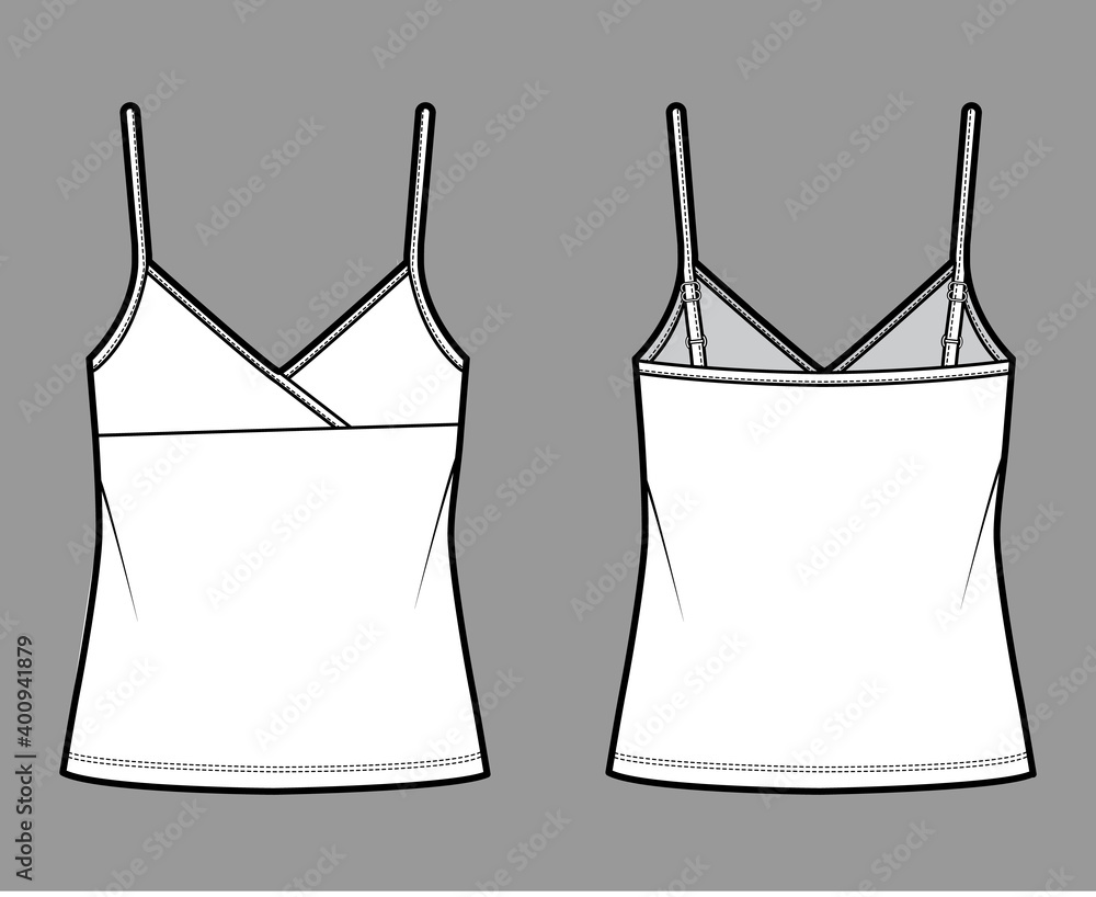 Camisole surplice tank cotton-jersey top technical fashion illustration with empire seam, thin adjustable straps, oversized. Flat outwear template front, back, white color. Women men CAD mockup Camisole surplice tank cotton-jersey top technical fashion illustration with empire seam, thin adjustable straps, oversized. Flat outwear template front, back, white color. Women men CAD mockup