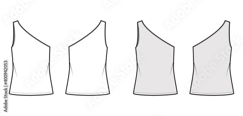 One-shoulder top tank technical fashion illustration with oversized body, tunic length hem. Flat outwear shirt apparel template front, back, white grey color. Women, men unisex CAD mockup