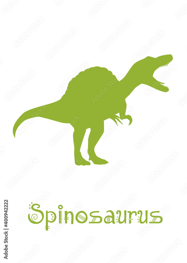 Obraz premium Spinosaurus Dinosaur Vector illustration silhouette. green dinosaurs, kids dinosaur name prints green, boys bedroom wall art, dino room, kids dinosaur posters.