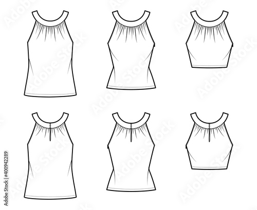 Set of Tops rounded neck band tank technical fashion illustration with ruching, fitted and oversized body, tunic and waist length hem. Flat template front, back, white color. Women, men CAD mockup
