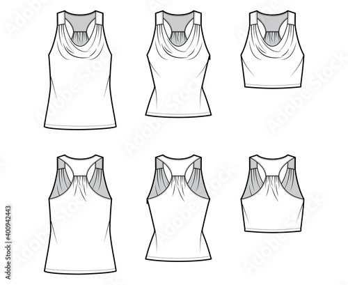 Set of Tanks racerback cowl crop tops technical fashion illustration with ruching, oversized and fitted body, waist and tunic length. Flat apparel template front back white color. Women men CAD mockup