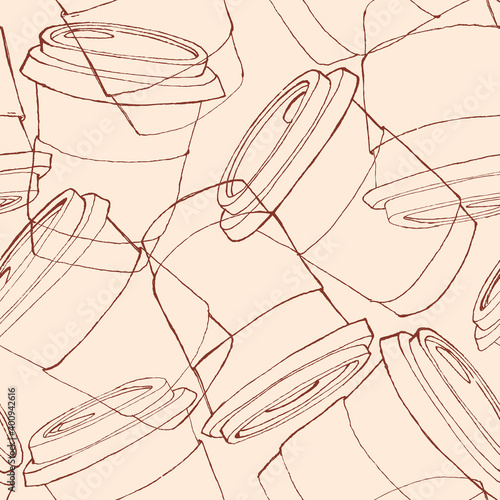 Cup pattern cafe delivery Glass eat on the go line layering background vector fast food coffee tea isolated repeating seamless