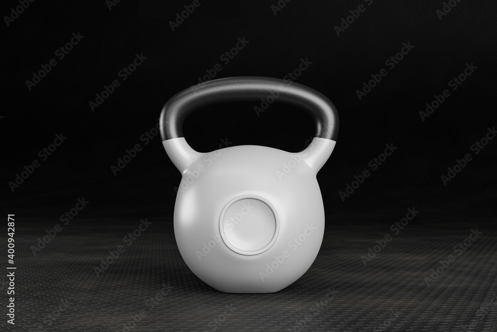 White competition kettlebell on a weight training gym floor.3d illustration