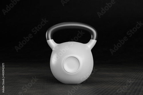 Fototapeta Naklejka Na Ścianę i Meble -  White competition kettlebell on a weight training gym floor.3d illustration