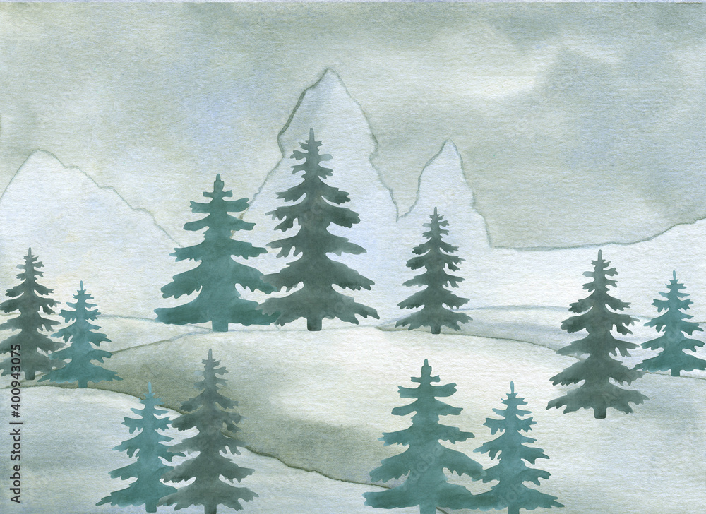 Watercolor green winter snowy landscape with pine tree hand painted background