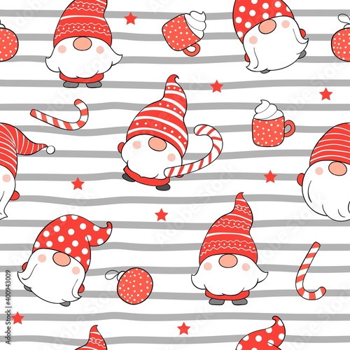Draw seamless pattern cute gnome for Christmas.
