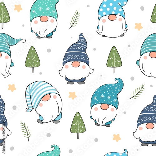 Draw seamless pattern gnome for winter.